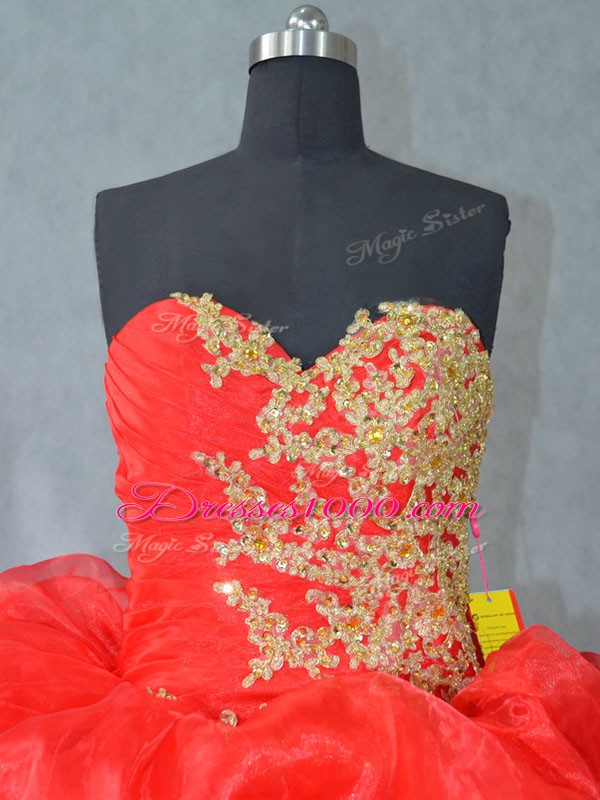 Floor Length Red Ball Gown Prom Dress Organza Sleeveless Lace and Appliques and Pick Ups