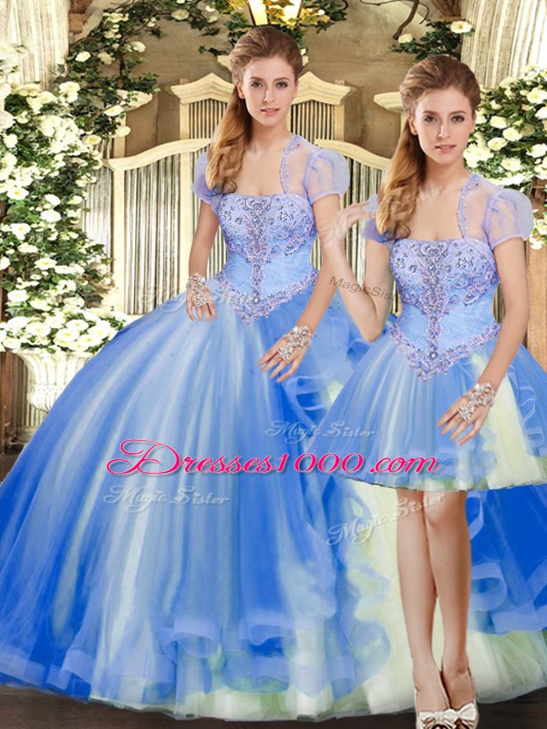 Floor Length Lace Up 15th Birthday Dress Blue for Military Ball and Sweet 16 and Quinceanera with Beading and Ruffles