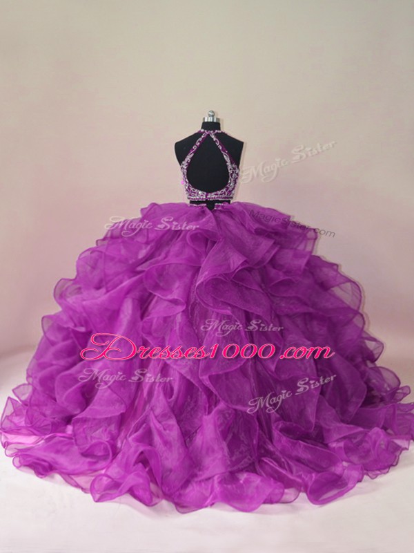 Edgy Sleeveless Brush Train Beading and Ruffles Backless Quinceanera Gowns