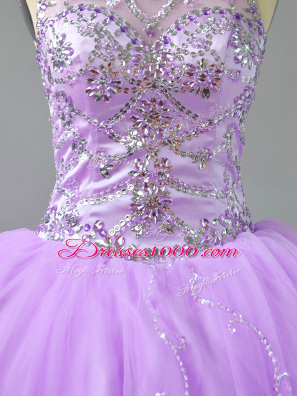 Simple Lavender Ball Gowns Beading Ball Gown Prom Dress Lace Up Tulle Sleeveless Floor Length