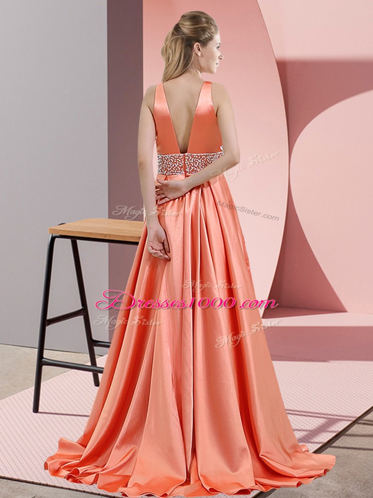 Customized V-neck Sleeveless Pageant Gowns Brush Train Beading Watermelon Red Elastic Woven Satin