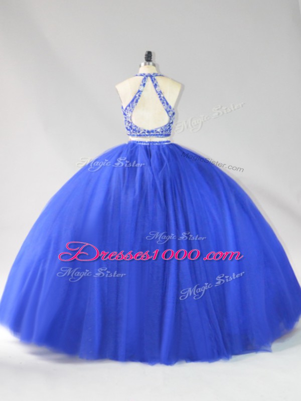 Royal Blue Tulle Backless Sweet 16 Quinceanera Dress Sleeveless Floor Length Beading