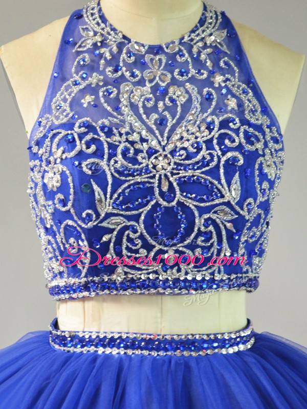 Royal Blue Tulle Backless Sweet 16 Quinceanera Dress Sleeveless Floor Length Beading