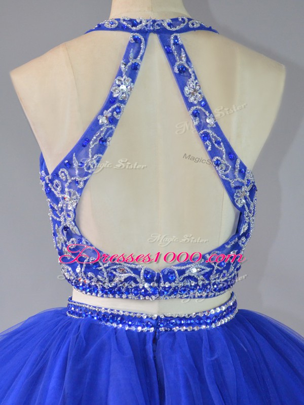 Royal Blue Tulle Backless Sweet 16 Quinceanera Dress Sleeveless Floor Length Beading