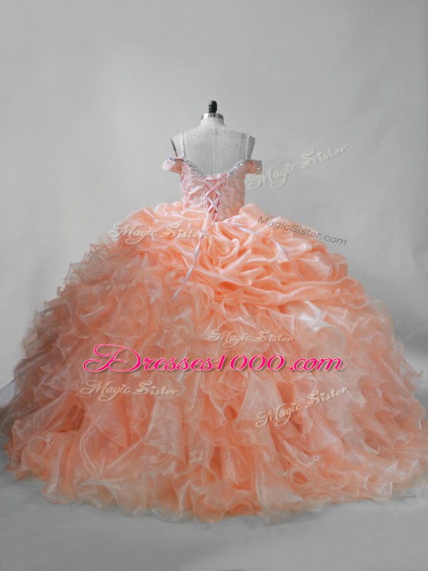 Orange Straps Neckline Beading and Ruffles and Pick Ups 15 Quinceanera Dress Sleeveless Lace Up