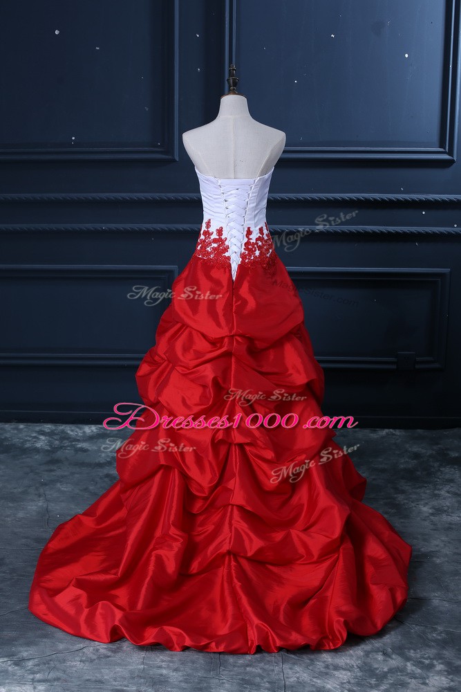 Smart Sleeveless High Low Lace and Appliques and Pick Ups Lace Up Pageant Dress for Teens with White And Red