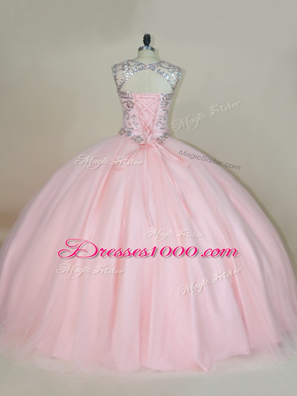Super Baby Pink Sleeveless Beading Lace Up Quinceanera Gowns