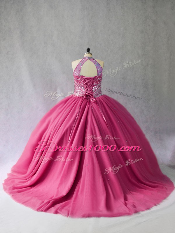 Luxurious Sleeveless Brush Train Beading Lace Up Sweet 16 Dress