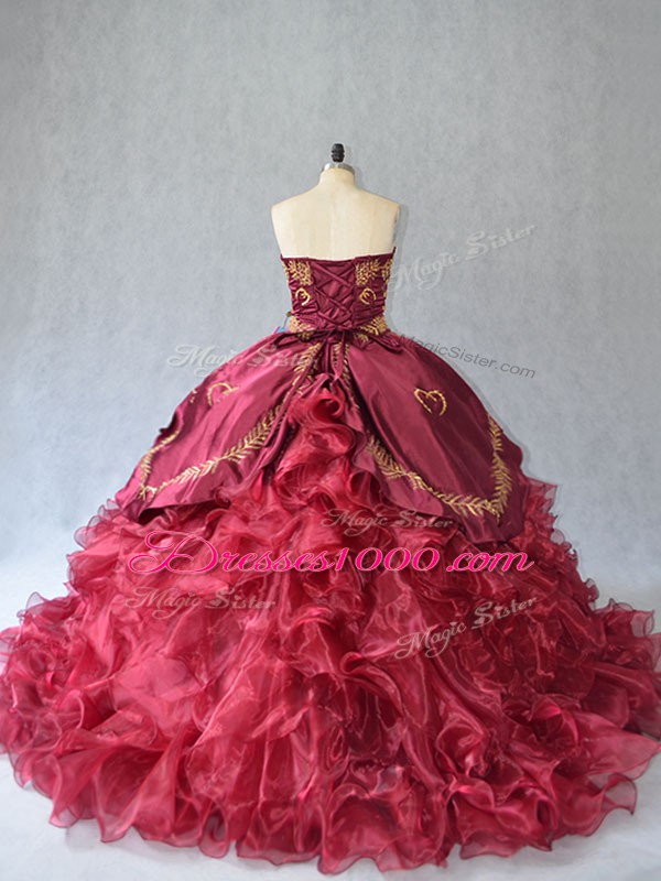 Modest Burgundy Lace Up Strapless Beading and Embroidery Sweet 16 Quinceanera Dress Organza Sleeveless Brush Train