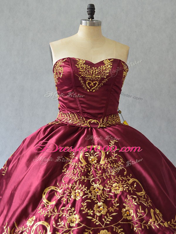 Modest Burgundy Lace Up Strapless Beading and Embroidery Sweet 16 Quinceanera Dress Organza Sleeveless Brush Train