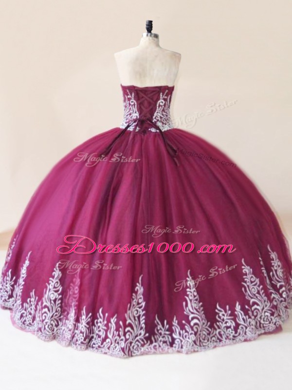 Traditional Burgundy Sweetheart Lace Up Embroidery 15th Birthday Dress Sleeveless