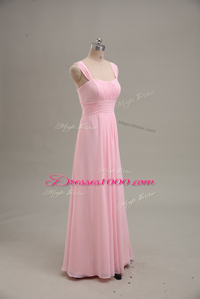 Sleeveless Chiffon Floor Length Zipper Evening Dress in Baby Pink with Ruching