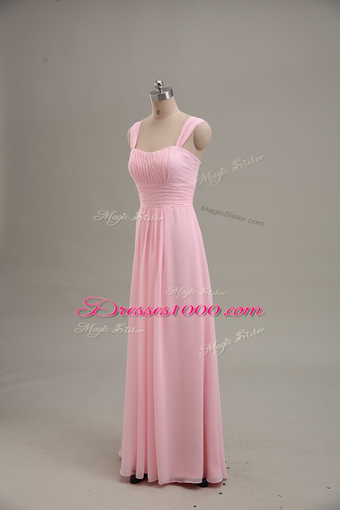 Sleeveless Chiffon Floor Length Zipper Evening Dress in Baby Pink with Ruching