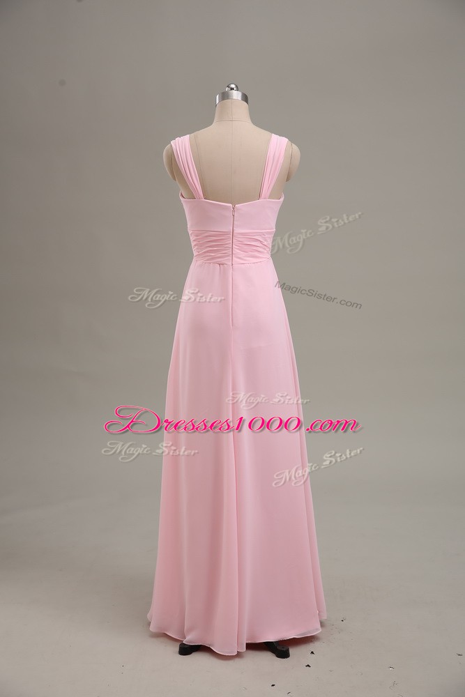 Sleeveless Chiffon Floor Length Zipper Evening Dress in Baby Pink with Ruching
