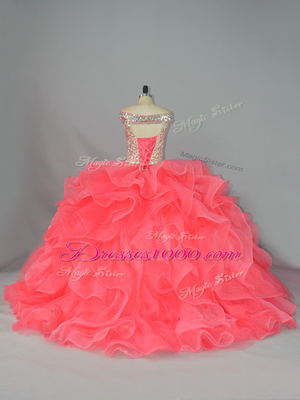Wonderful Watermelon Red Ball Gowns Off The Shoulder Sleeveless Organza Lace Up Beading and Ruffles 15 Quinceanera Dress