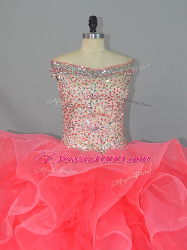 Wonderful Watermelon Red Ball Gowns Off The Shoulder Sleeveless Organza Lace Up Beading and Ruffles 15 Quinceanera Dress