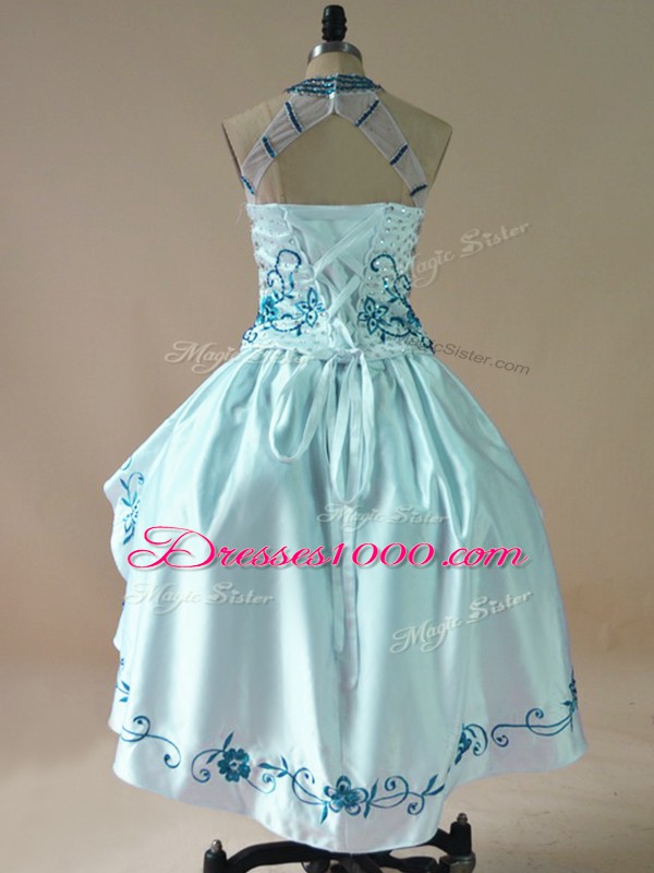 Beauteous High-neck Sleeveless Lace Up Homecoming Dress Aqua Blue Satin and Organza