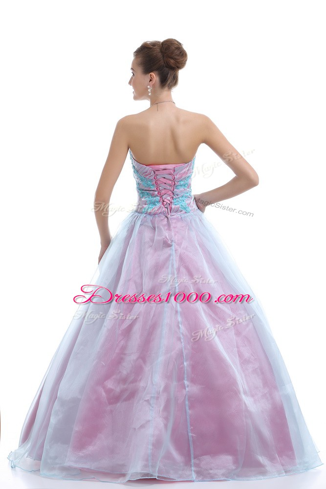 Free and Easy Sleeveless Organza Floor Length Lace Up Ball Gown Prom Dress in Light Blue with Appliques