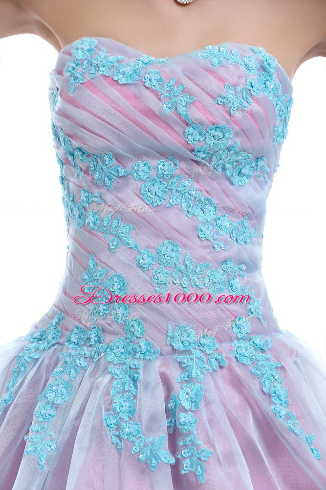 Free and Easy Sleeveless Organza Floor Length Lace Up Ball Gown Prom Dress in Light Blue with Appliques