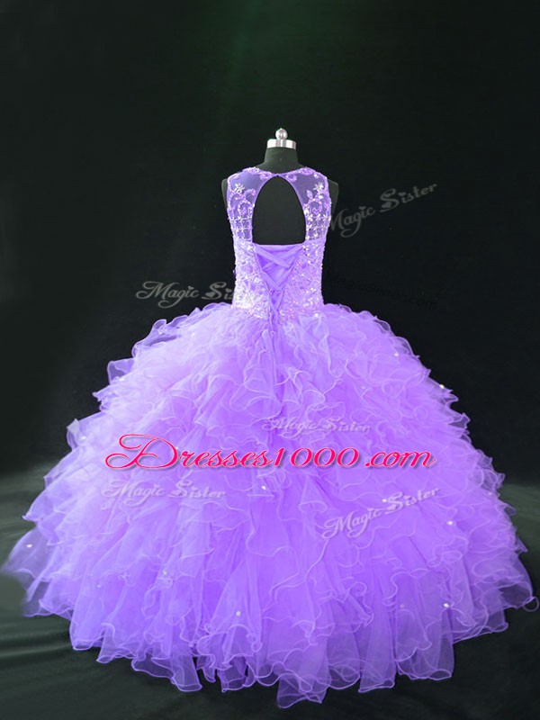 Hot Sale Floor Length Lace Up 15 Quinceanera Dress Lavender for Sweet 16 and Quinceanera with Beading and Ruffles