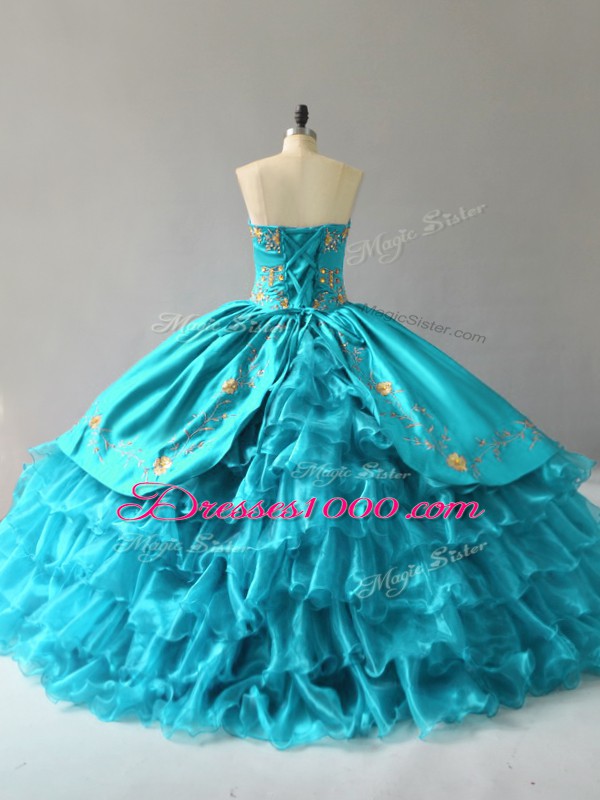 Shining Ball Gowns Sweet 16 Dress Aqua Blue Sweetheart Organza Sleeveless Floor Length Lace Up