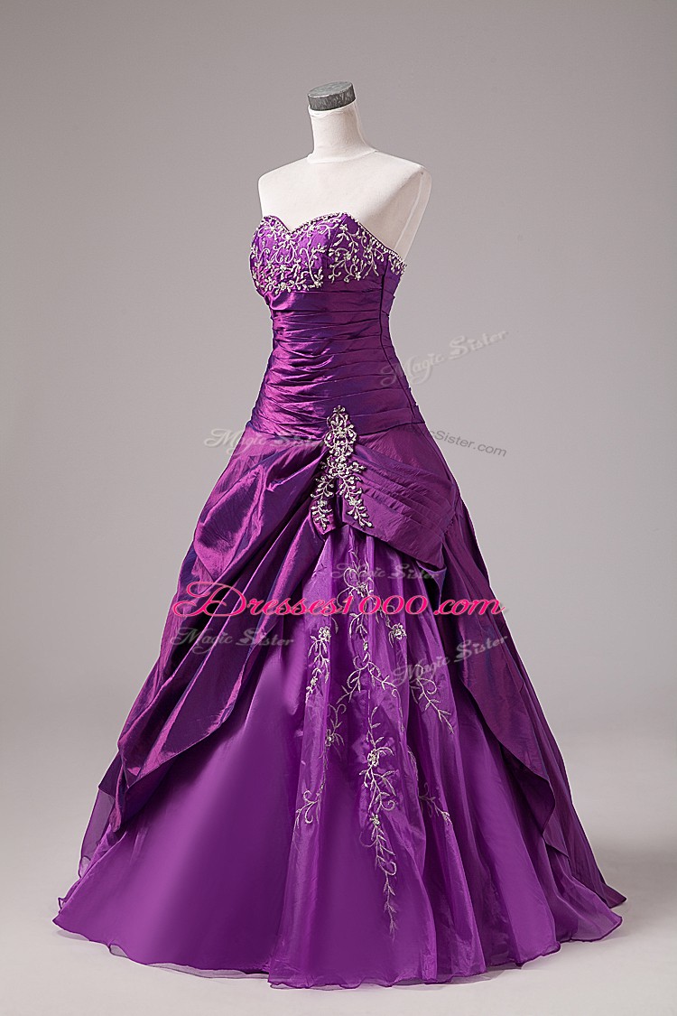 Elegant Sleeveless Floor Length Embroidery Lace Up Quinceanera Dress with Eggplant Purple