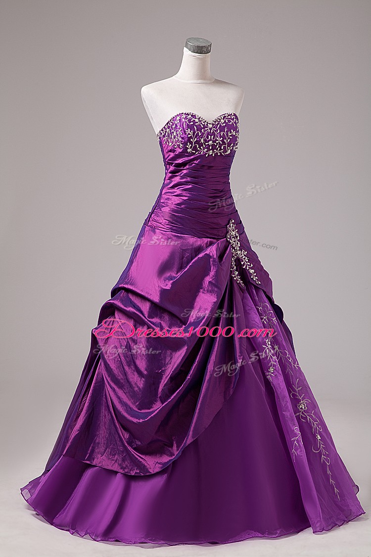 Elegant Sleeveless Floor Length Embroidery Lace Up Quinceanera Dress with Eggplant Purple