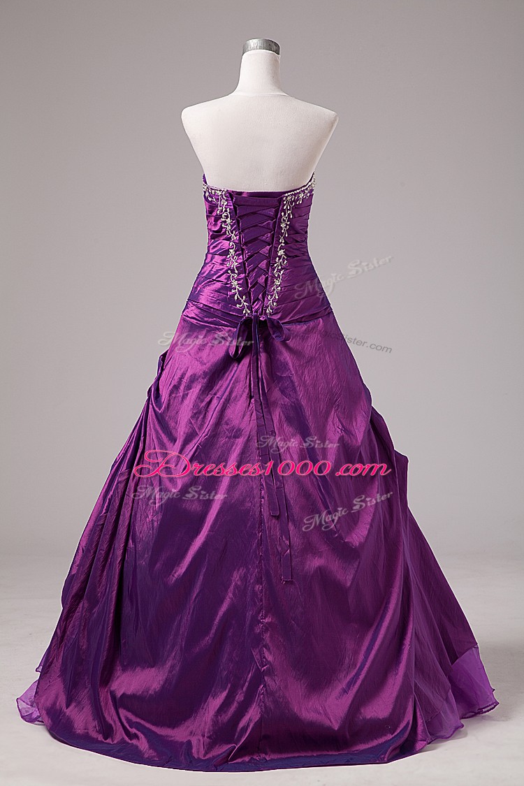 Elegant Sleeveless Floor Length Embroidery Lace Up Quinceanera Dress with Eggplant Purple