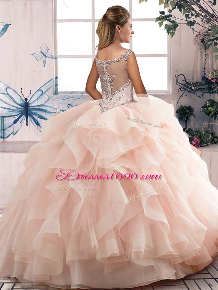 Sleeveless Organza Floor Length Lace Up Quinceanera Gown in Brown with Beading and Ruffles