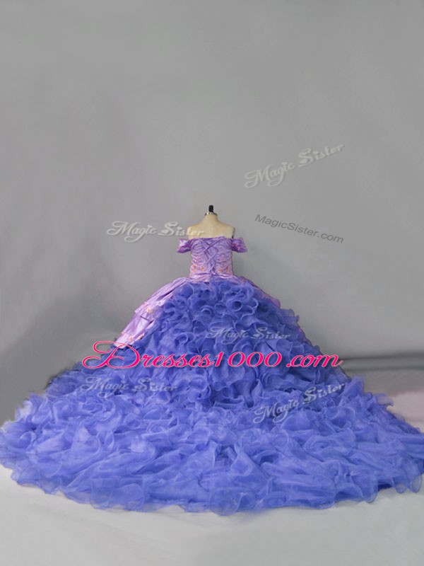Off The Shoulder Sleeveless Organza Vestidos de Quinceanera Embroidery and Ruffles Chapel Train Lace Up