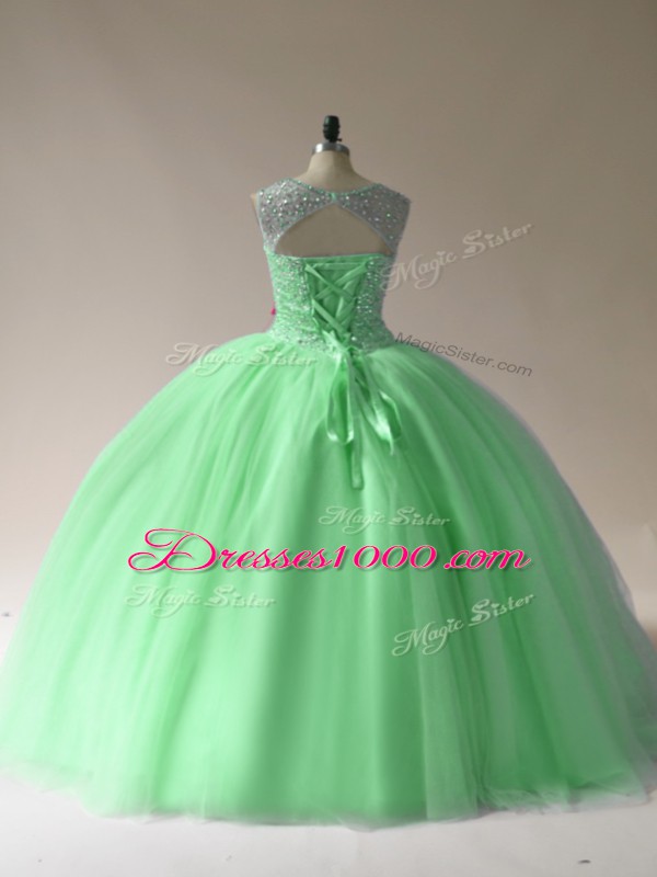 Latest Tulle Scoop Sleeveless Lace Up Beading Vestidos de Quinceanera in