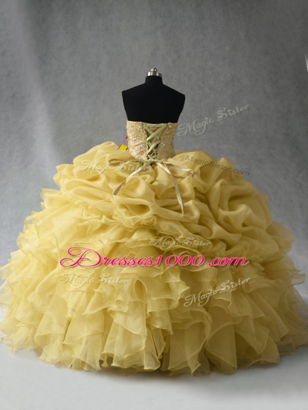 Custom Design Yellow Ball Gowns Beading and Ruffles Vestidos de Quinceanera Lace Up Organza Sleeveless Floor Length