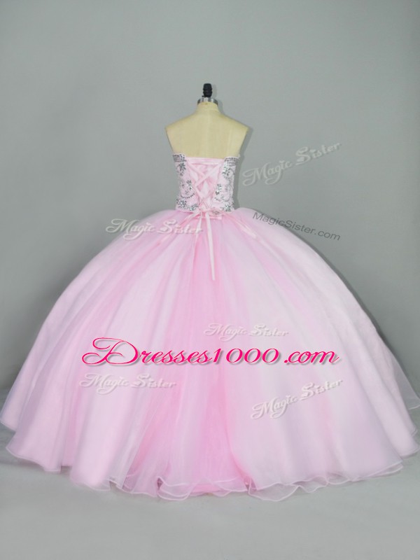 Exquisite Sleeveless Tulle Lace Up Vestidos de Quinceanera in Baby Pink with Beading