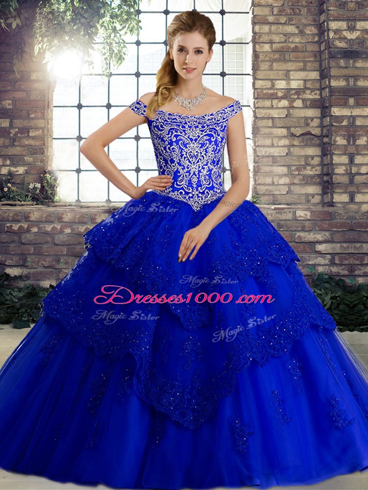 Fantastic Royal Blue Sleeveless Beading and Lace Lace Up Ball Gown Prom Dress