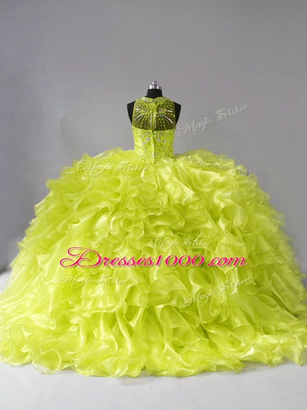 Fine Yellow Green Sleeveless Beading and Ruffles Zipper 15 Quinceanera Dress