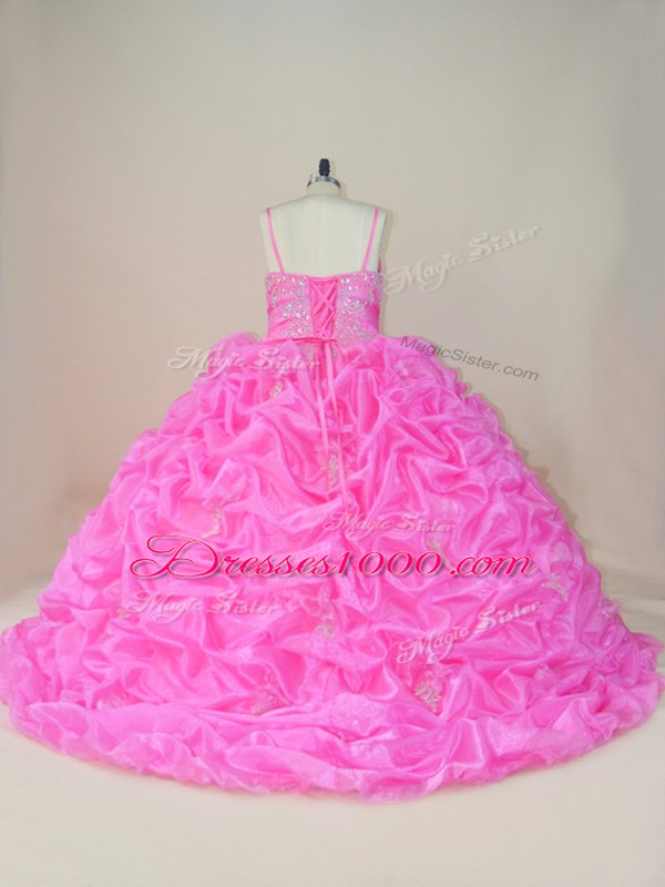 Glorious Baby Pink Ball Gowns Straps Sleeveless Organza and Taffeta Brush Train Lace Up Beading and Appliques and Pick Ups Sweet 16 Quinceanera Dress