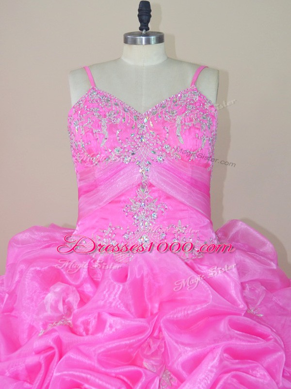 Glorious Baby Pink Ball Gowns Straps Sleeveless Organza and Taffeta Brush Train Lace Up Beading and Appliques and Pick Ups Sweet 16 Quinceanera Dress