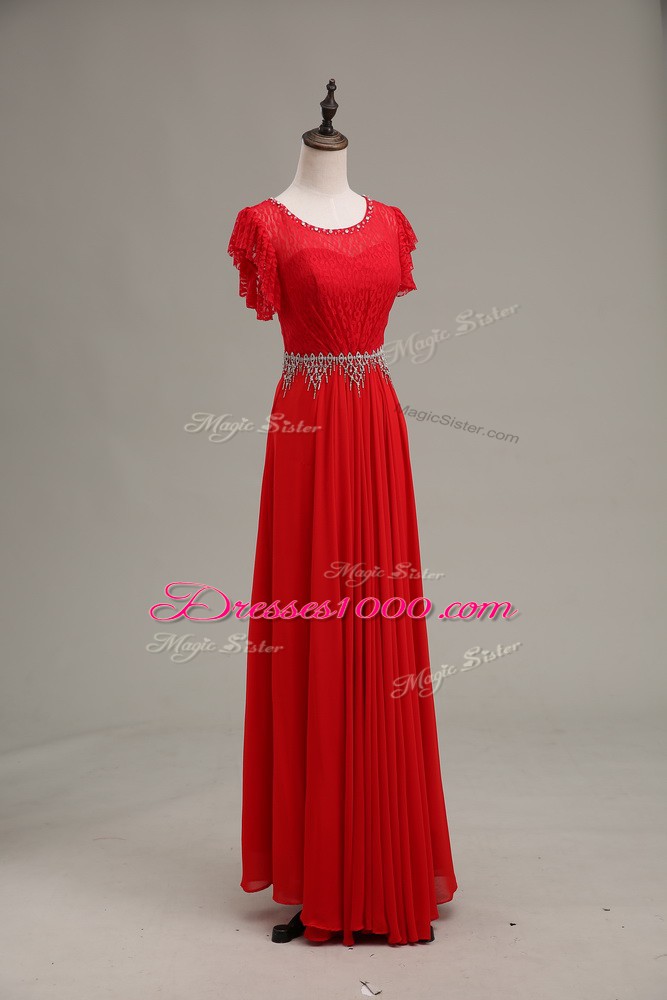 Stylish Beading and Lace Going Out Dresses Red Zipper Sleeveless Floor Length