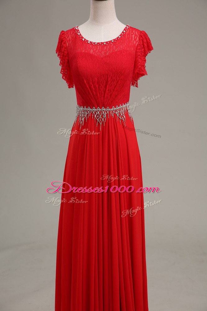 Stylish Beading and Lace Going Out Dresses Red Zipper Sleeveless Floor Length