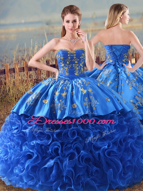 Flirting Ball Gowns Quinceanera Dresses Royal Blue Sweetheart Fabric With Rolling Flowers Sleeveless Floor Length Lace Up