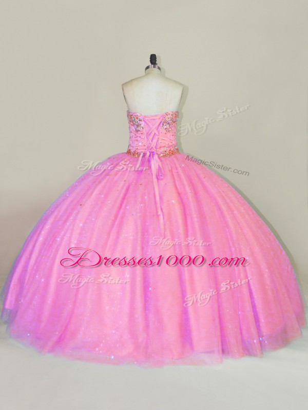 Pink Lace Up Quince Ball Gowns Beading Sleeveless Floor Length