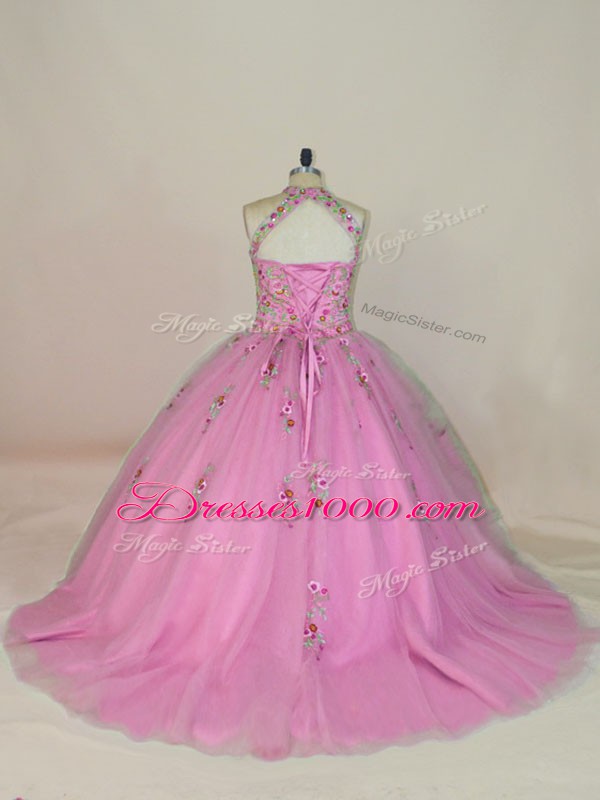 Simple Ball Gowns Sleeveless Rose Pink 15th Birthday Dress Brush Train Lace Up