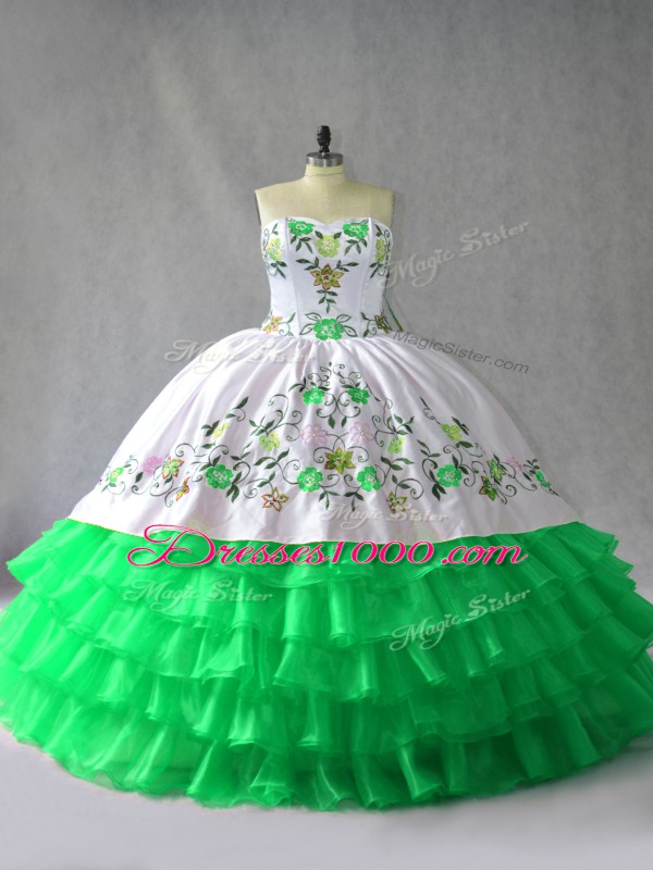Embroidery and Ruffled Layers 15 Quinceanera Dress Green Lace Up Sleeveless Floor Length