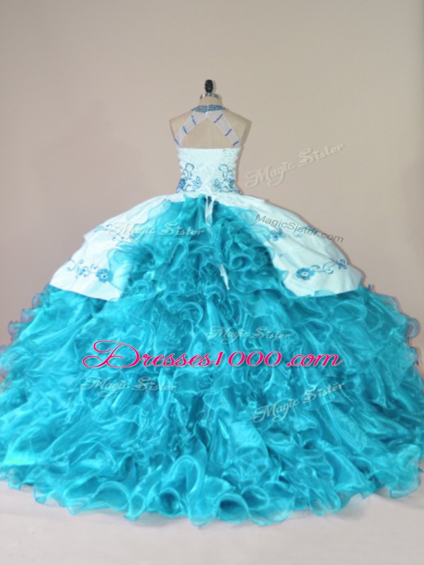Aqua Blue Organza Lace Up Ball Gown Prom Dress Sleeveless Court Train Embroidery and Ruffles