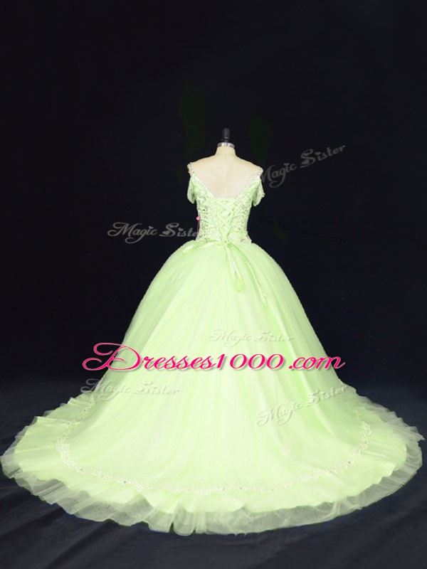 Ball Gowns Sleeveless Yellow Green Quinceanera Dress Court Train Lace Up