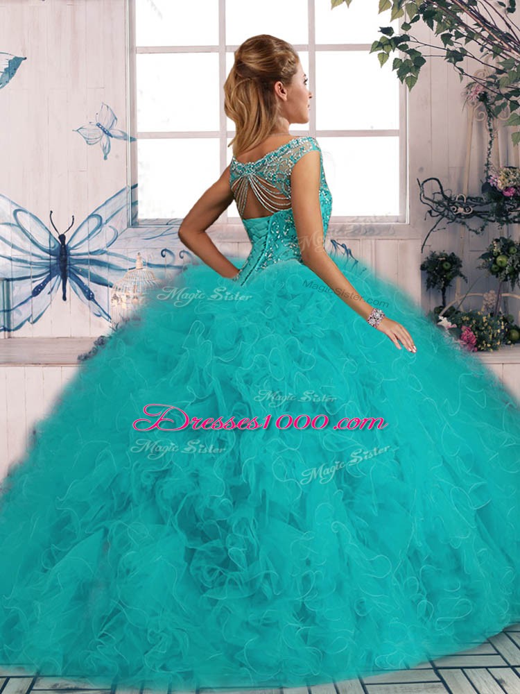 Sleeveless Brush Train Beading and Ruffles Lace Up Quinceanera Gown