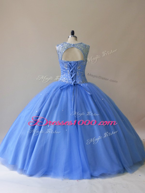 Baby Blue Sleeveless Floor Length Beading Lace Up Vestidos de Quinceanera