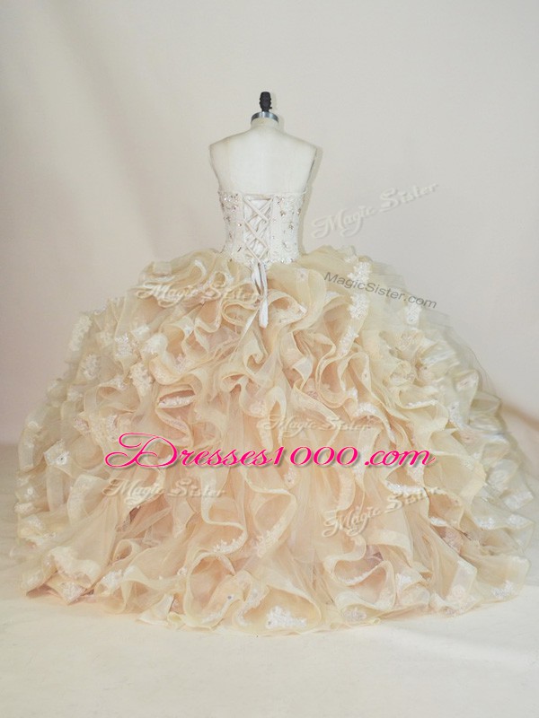 Fantastic Floor Length Lace Up 15 Quinceanera Dress Champagne for Sweet 16 and Quinceanera with Beading and Ruffles