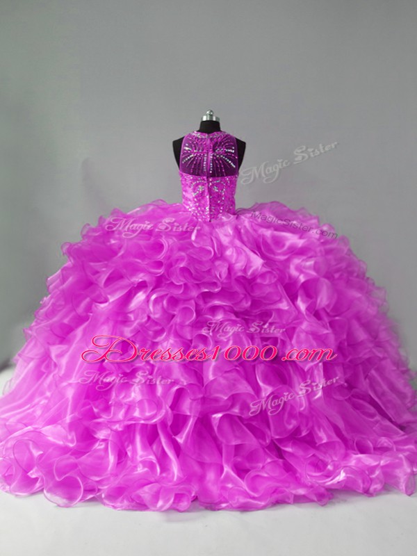 Chic Lilac Halter Top Neckline Beading and Ruffles Quinceanera Gown Sleeveless Zipper