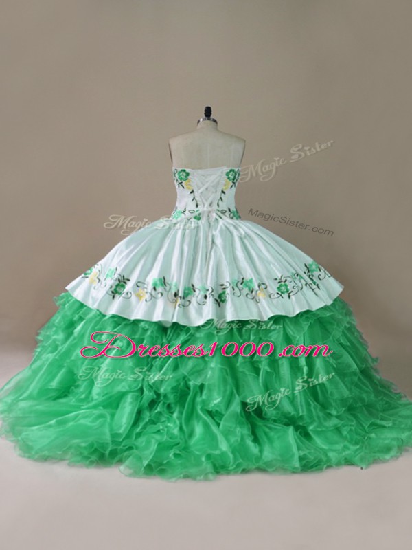 Low Price Green Organza Lace Up Sweetheart Sleeveless Quinceanera Gown Brush Train Embroidery